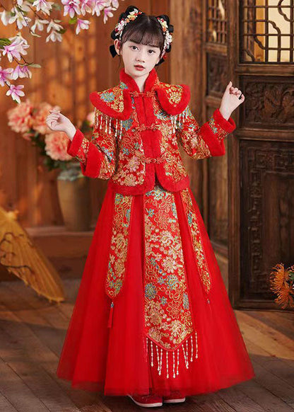 Art Red Embroideried Warm Fleece Kids Coats And Maxi Skirts Two Piece Set Long Sleeve Ada Fashion