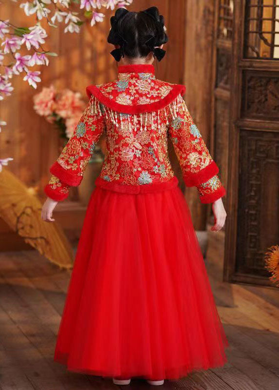 Art Red Embroideried Warm Fleece Kids Coats And Maxi Skirts Two Piece Set Long Sleeve Ada Fashion