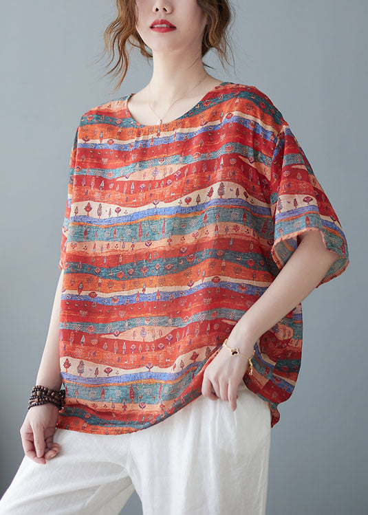 Art Red O Neck Print Patchwork Linen T Shirt Tops Short Sleeve LY5313 - fabuloryshop