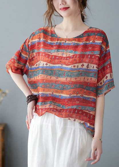 Art Red O Neck Print Patchwork Linen T Shirt Tops Short Sleeve LY5313 - fabuloryshop