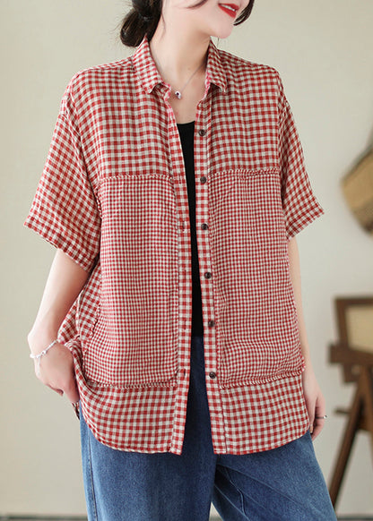 Art Red Peter Pan Collar Plaid Linen Shirt Top Summer LY5357 - fabuloryshop