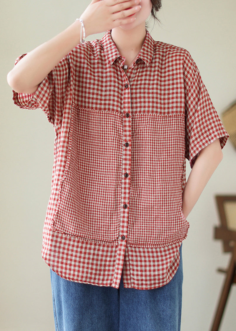 Art Red Peter Pan Collar Plaid Linen Shirt Top Summer LY5357 - fabuloryshop