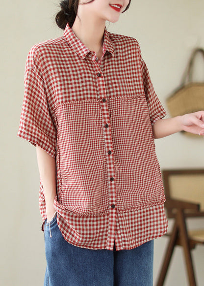 Art Red Peter Pan Collar Plaid Linen Shirt Top Summer LY5357 - fabuloryshop