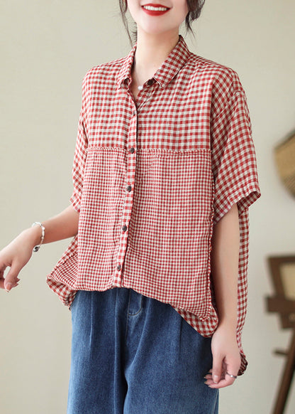 Art Red Peter Pan Collar Plaid Linen Shirt Top Summer LY5357 - fabuloryshop