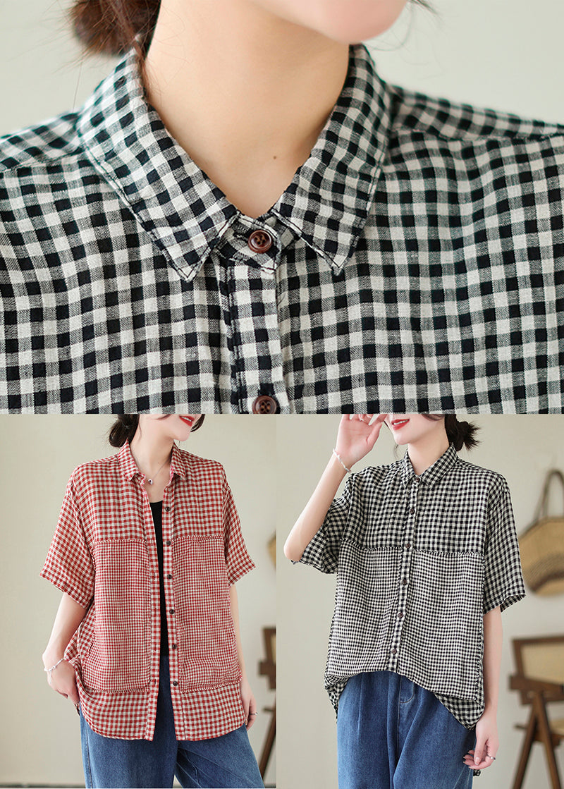 Art Red Peter Pan Collar Plaid Linen Shirt Top Summer LY5357 - fabuloryshop