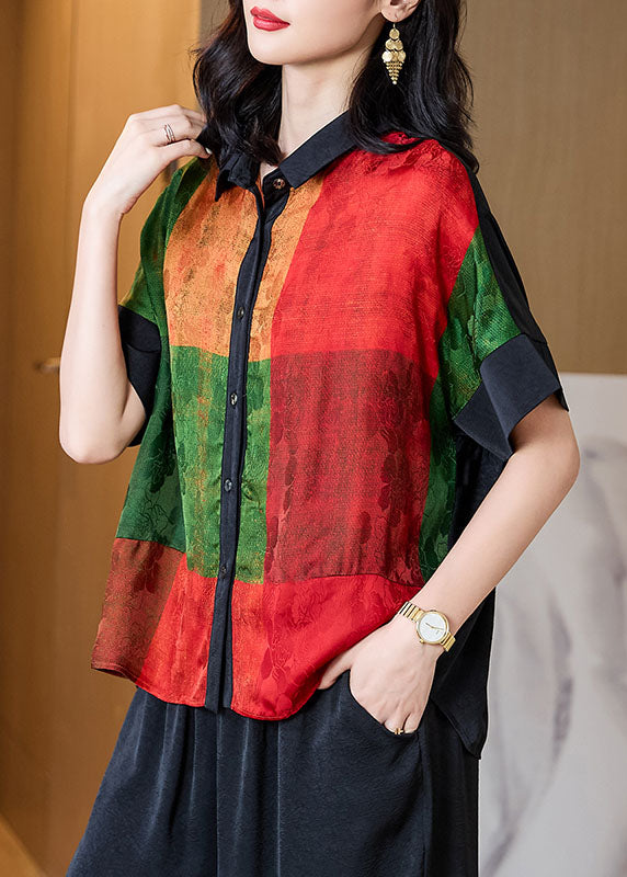 Art Red Peter Pan Collar Print Patchwork Silk Shirt Tops Summer TF1046 - fabuloryshop