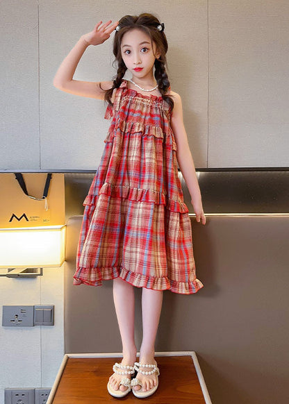 Art Red Plaid Ruffled Bow Patchwork Cotton Kids Girls Dresses Summer LY6416 - fabuloryshop