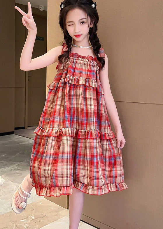 Art Red Plaid Ruffled Bow Patchwork Cotton Kids Girls Dresses Summer LY6416 - fabuloryshop