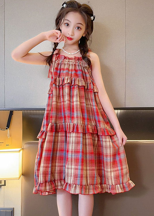 Art Red Plaid Ruffled Bow Patchwork Cotton Kids Girls Dresses Summer LY6416 - fabuloryshop