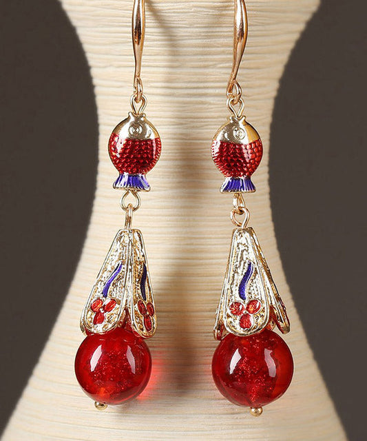 Art Red Sterling Silver Cloisonne Coloured Glaze Fish Drop Earrings LY2042 - fabuloryshop