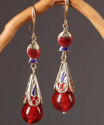 Art Red Sterling Silver Cloisonne Coloured Glaze Fish Drop Earrings LY2042 - fabuloryshop