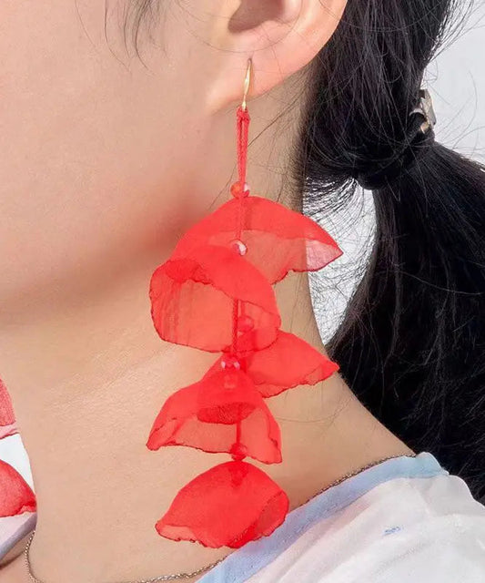 Art Red Tulle Floral Tassel Drop Earrings Ada Fashion