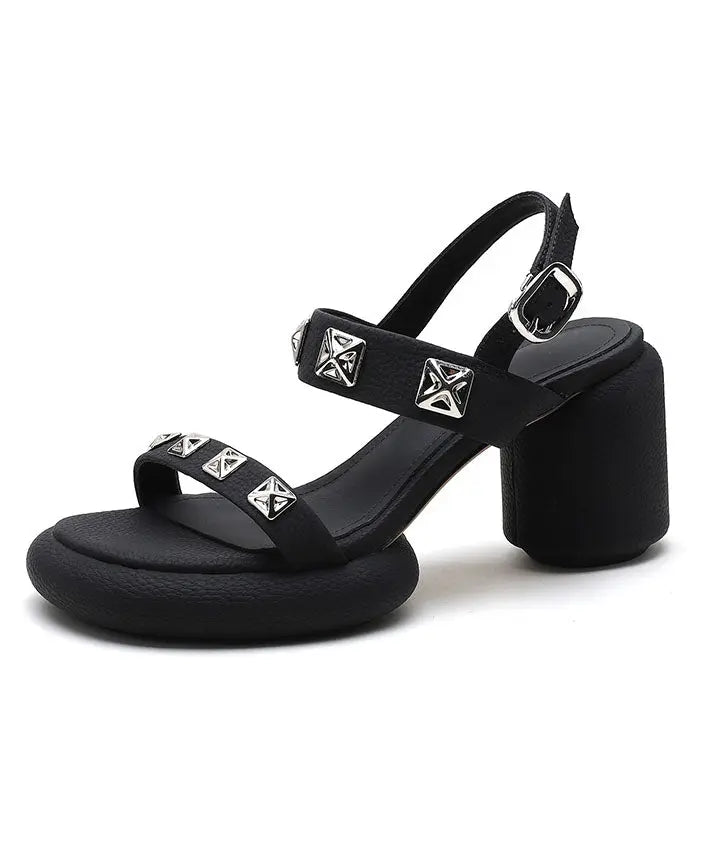 Art Rivet Buckle Strap Splicing Chunky Sandals Black Cowhide Leather Ada Fashion