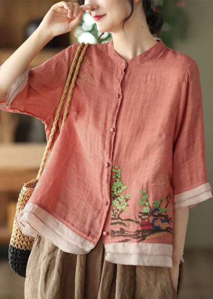 Art Rubber Red Embroideried Patchwork Linen Shirt Tops Summer LY0238 - fabuloryshop