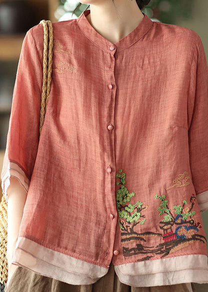 Art Rubber Red Embroideried Patchwork Linen Shirt Tops Summer LY0238 - fabuloryshop