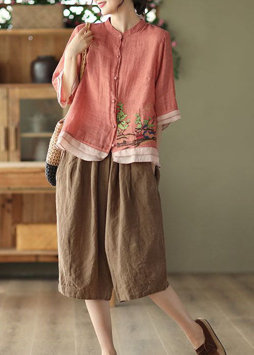 Art Rubber Red Embroideried Patchwork Linen Shirt Tops Summer LY0238 - fabuloryshop