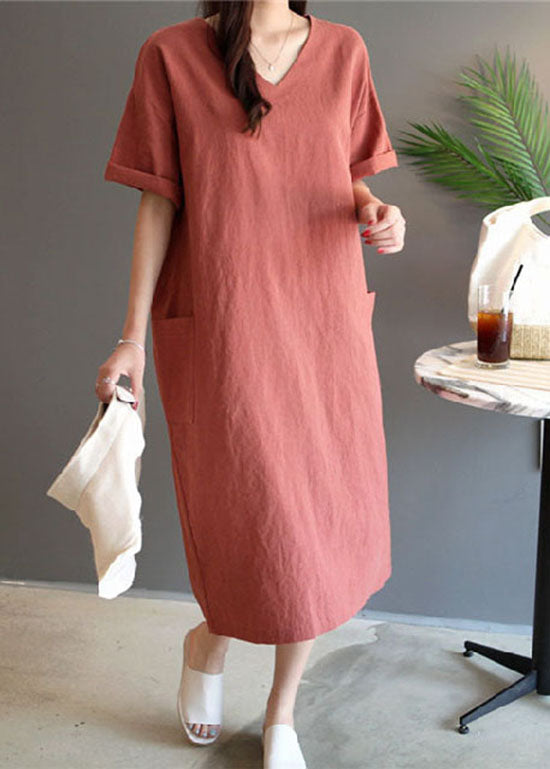 Art Rust V Neck Pockets Patchwork Linen Dresses Summer LY2080 - fabuloryshop