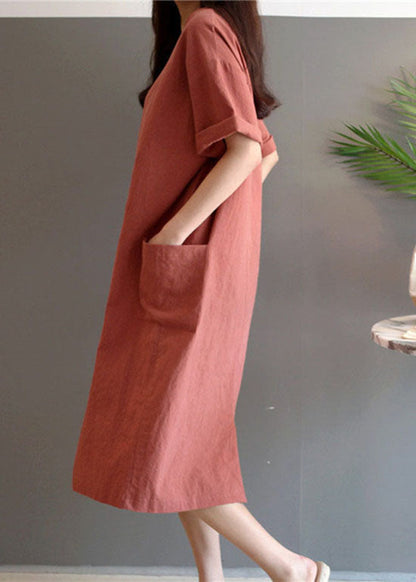 Art Rust V Neck Pockets Patchwork Linen Dresses Summer LY2080 - fabuloryshop