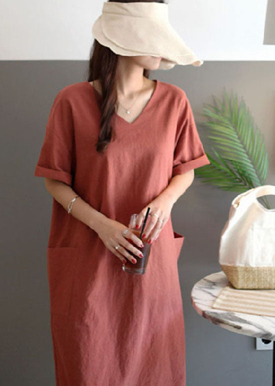 Art Rust V Neck Pockets Patchwork Linen Dresses Summer LY2080 - fabuloryshop