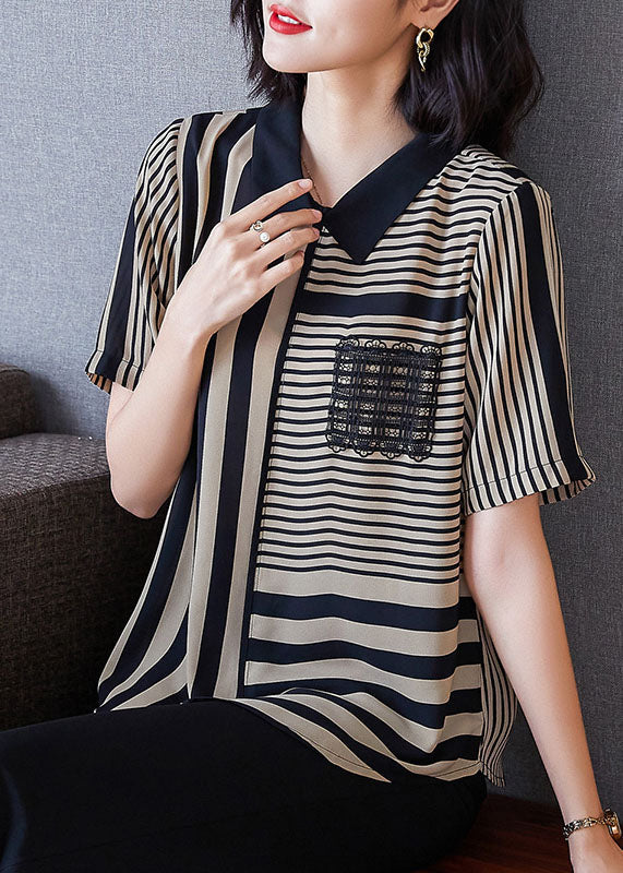 Art Striped Peter Pan Collar Patchwork Chiffon Shirts Top Summer LY8186