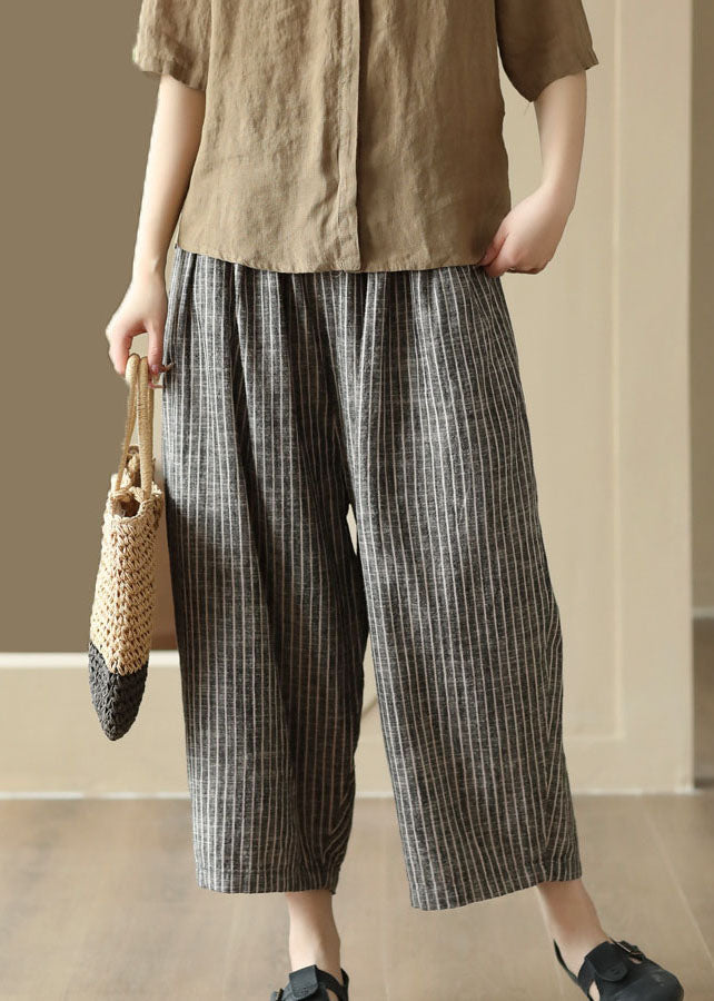 Art Striped Pockets Elastic Waist Patchwork Linen Pants Summer LY4997 - fabuloryshop