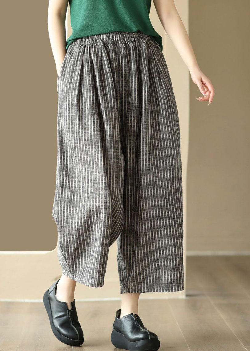 Art Striped Pockets Elastic Waist Patchwork Linen Pants Summer LY4997 - fabuloryshop