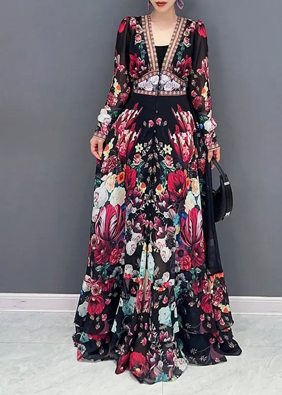 Art V Neck Print Chiffon Long Dresses Fall Ada Fashion