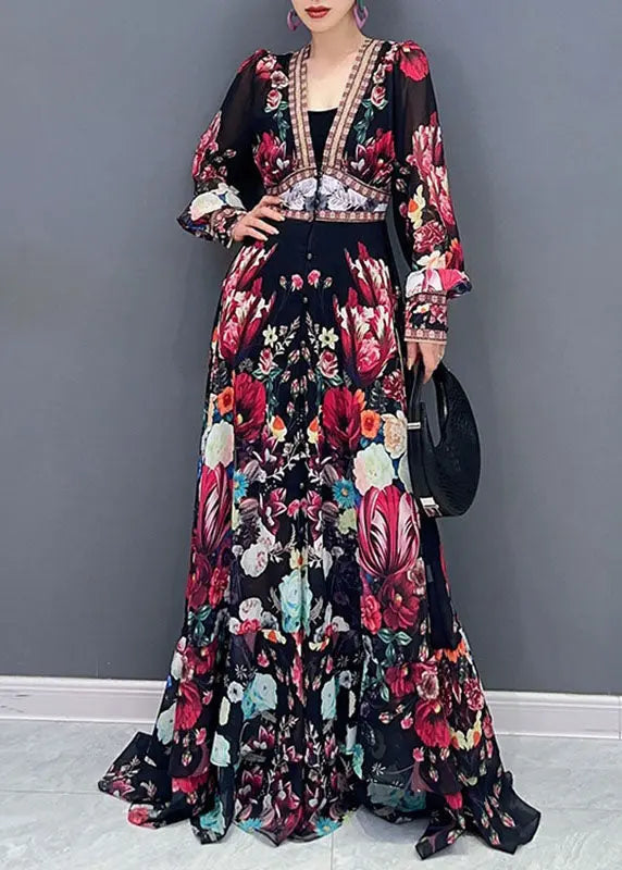 Art V Neck Print Chiffon Long Dresses Fall Ada Fashion