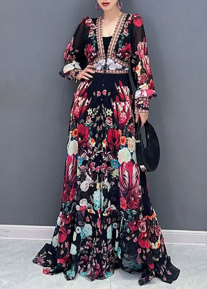 Art V Neck Print Chiffon Long Dresses Fall Ada Fashion