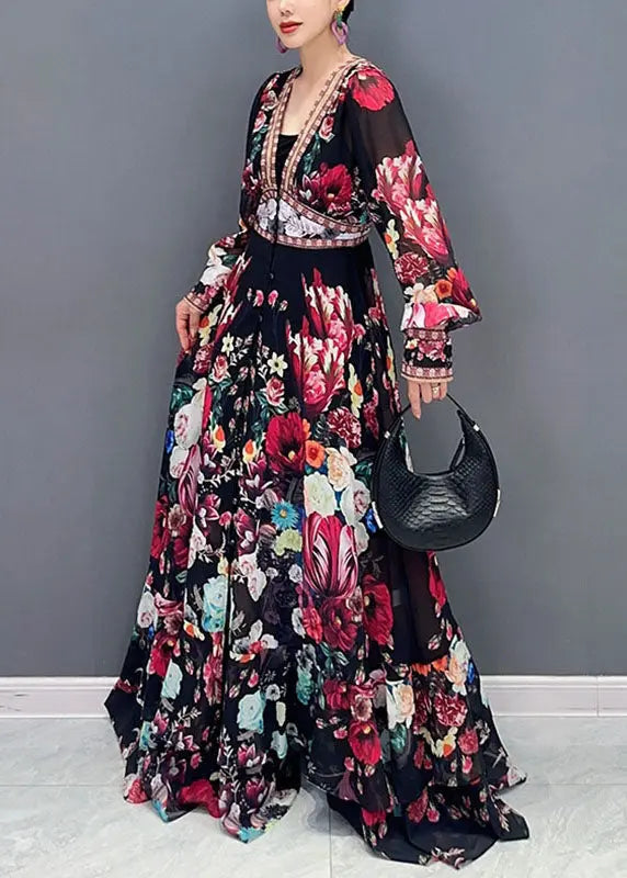 Art V Neck Print Chiffon Long Dresses Fall Ada Fashion