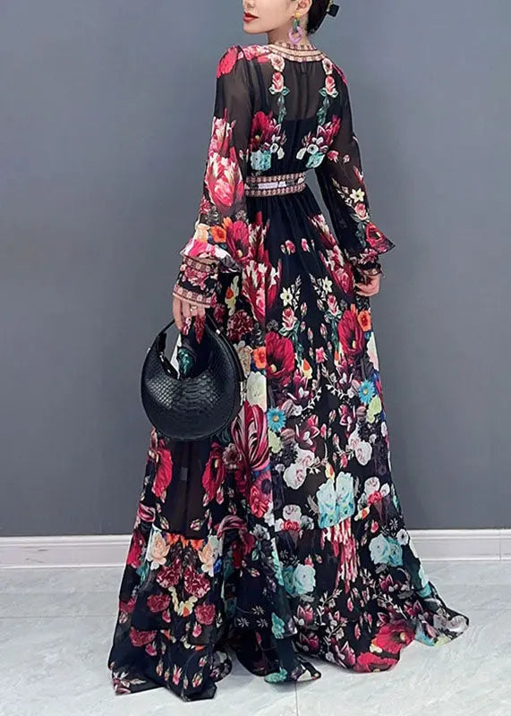 Art V Neck Print Chiffon Long Dresses Fall Ada Fashion