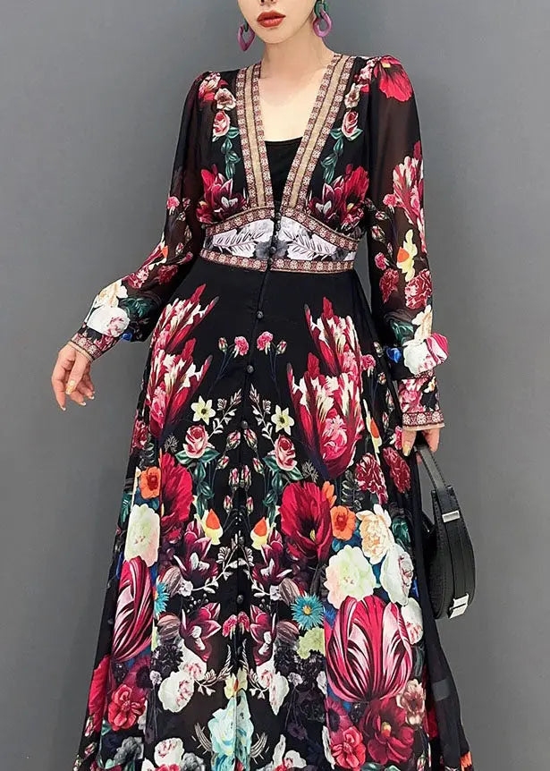 Art V Neck Print Chiffon Long Dresses Fall Ada Fashion