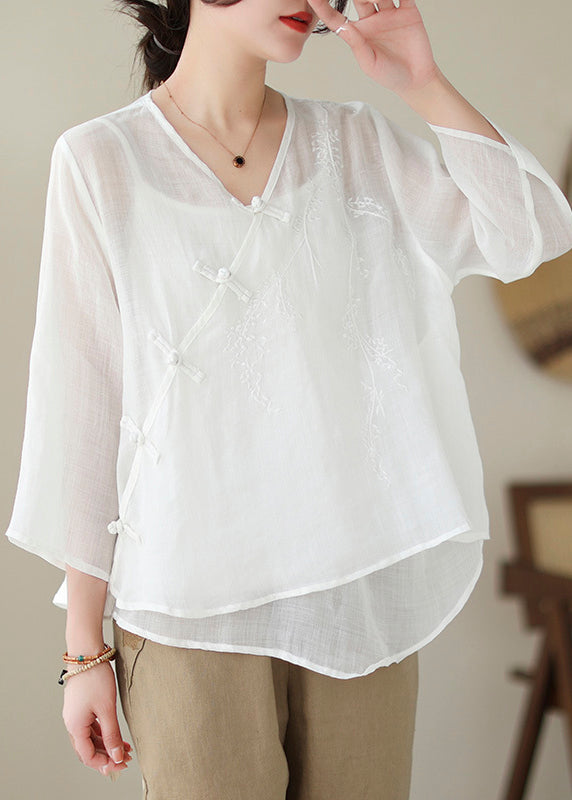 Art White Asymmetrical Embroideried Chinese Button Linen Shirt Tops Summer Ada Fashion