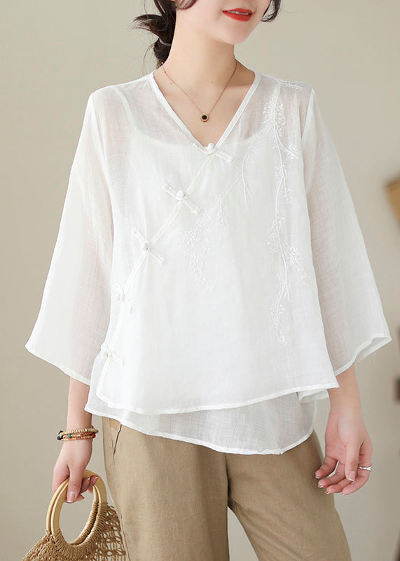 Art White Asymmetrical Embroideried Chinese Button Linen Shirt Tops Summer Ada Fashion