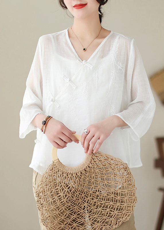 Art White Asymmetrical Embroideried Chinese Button Linen Shirt Tops Summer Ada Fashion