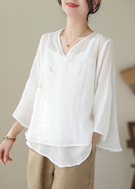 Art White Asymmetrical Embroideried Chinese Button Linen Shirt Tops Summer Ada Fashion