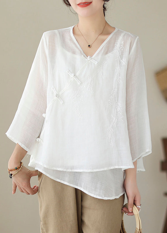 Art White Asymmetrical Embroideried Chinese Button Linen Shirt Tops Summer Ada Fashion