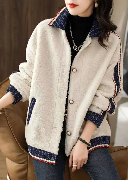 Art White Peter Pan Collar Pockets Patchwork Faux Fur Jackets Fall Ada Fashion