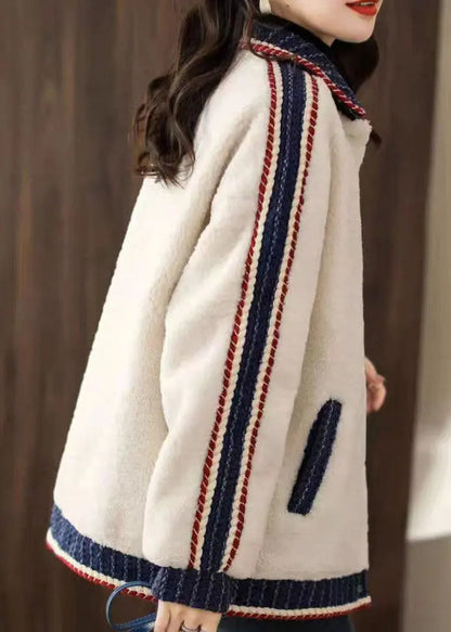 Art White Peter Pan Collar Pockets Patchwork Faux Fur Jackets Fall Ada Fashion