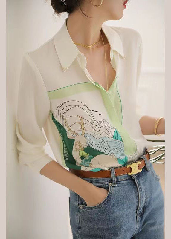 Art White Peter Pan Collar Print Chiffon Shirt Tops Spring LY0047 - fabuloryshop