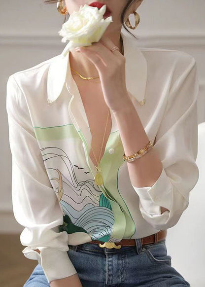 Art White Peter Pan Collar Print Chiffon Shirt Tops Spring LY0047 - fabuloryshop