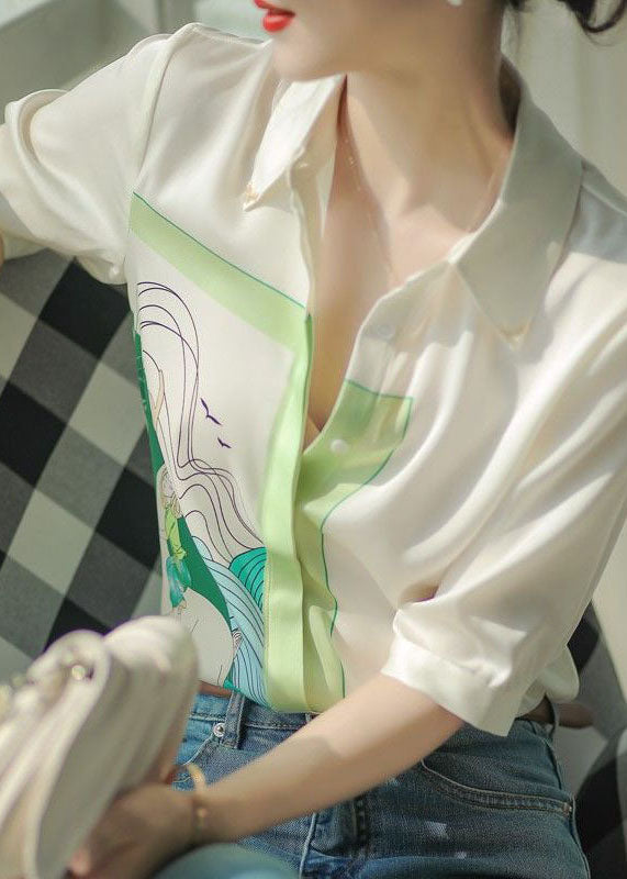 Art White Peter Pan Collar Print Chiffon Shirt Tops Spring LY0047 - fabuloryshop