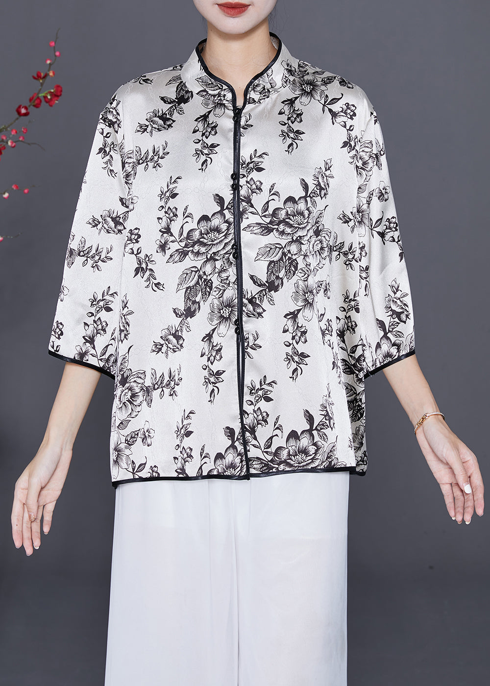 Art White Print Slim Fit Silk Blouses Summer LY7648