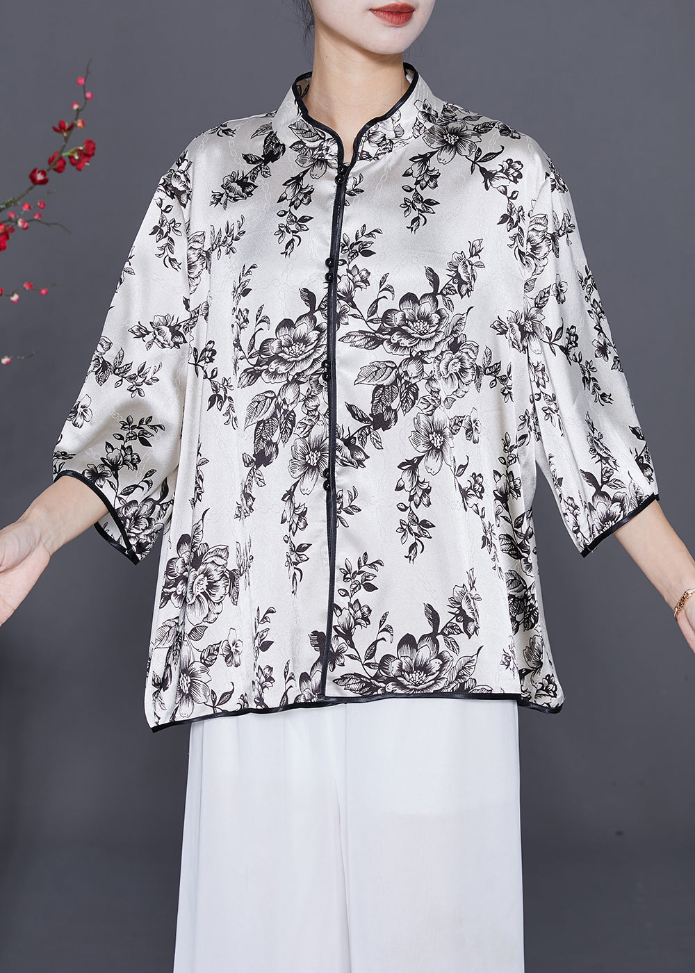 Art White Print Slim Fit Silk Blouses Summer LY7648