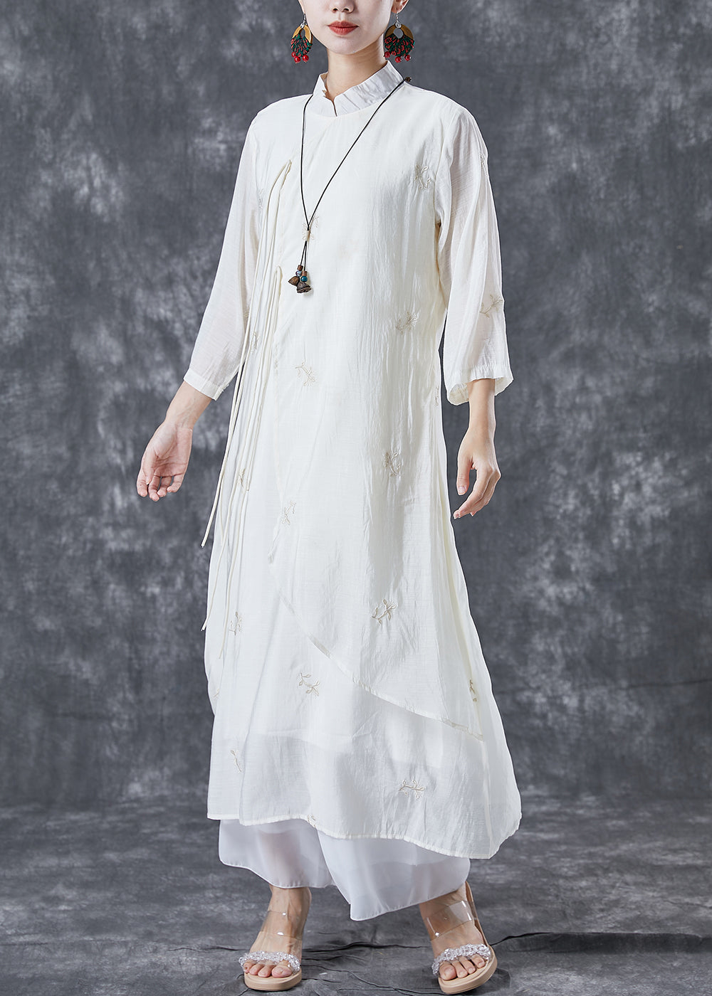 Art White Ruffled Embroideried Tassel Cotton Long Dress Summer TA1024 - fabuloryshop