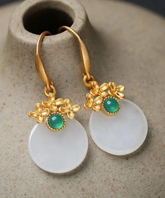 Art White Sterling Silver Overgild Inlaid Jade Floral Drop Earrings Ada Fashion