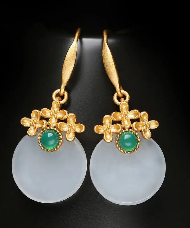 Art White Sterling Silver Overgild Inlaid Jade Floral Drop Earrings Ada Fashion