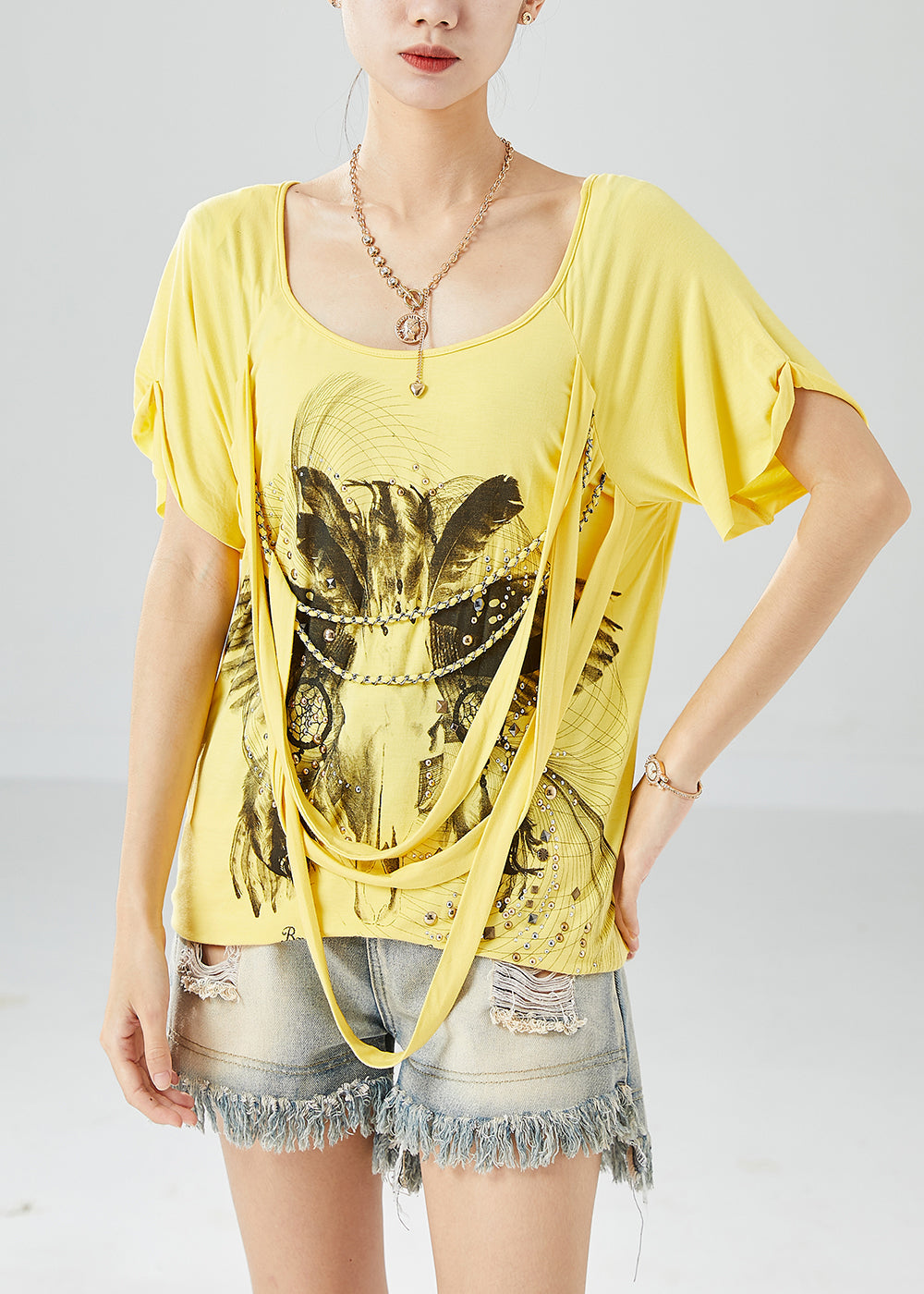 Art Yellow Asymmetrical Design Rivet Print Silk Tank Summer LY6063 - fabuloryshop