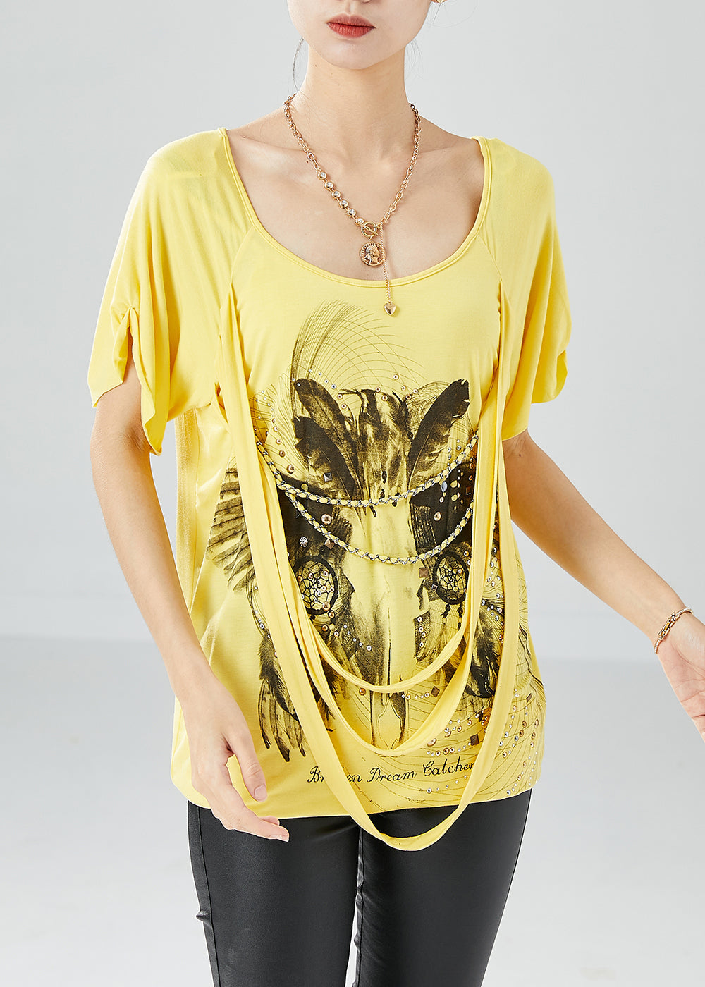 Art Yellow Asymmetrical Design Rivet Print Silk Tank Summer LY6063 - fabuloryshop
