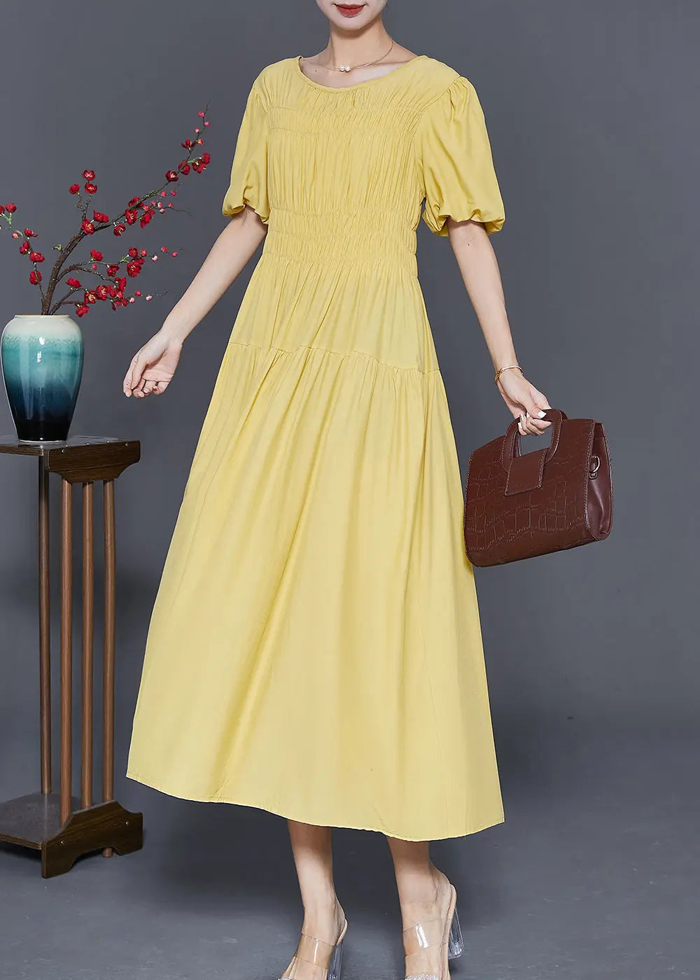 Art Yellow Cinched Exra Large Hem Cotton Party Dress Summer Ada Fashion